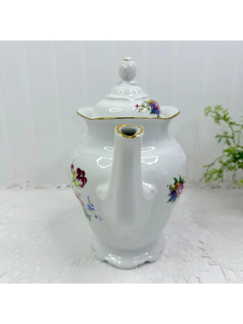 Vtg Royal Kent Poland Floral Teapot Porcelain Coffee Pot Rose Gold Trim Embossed